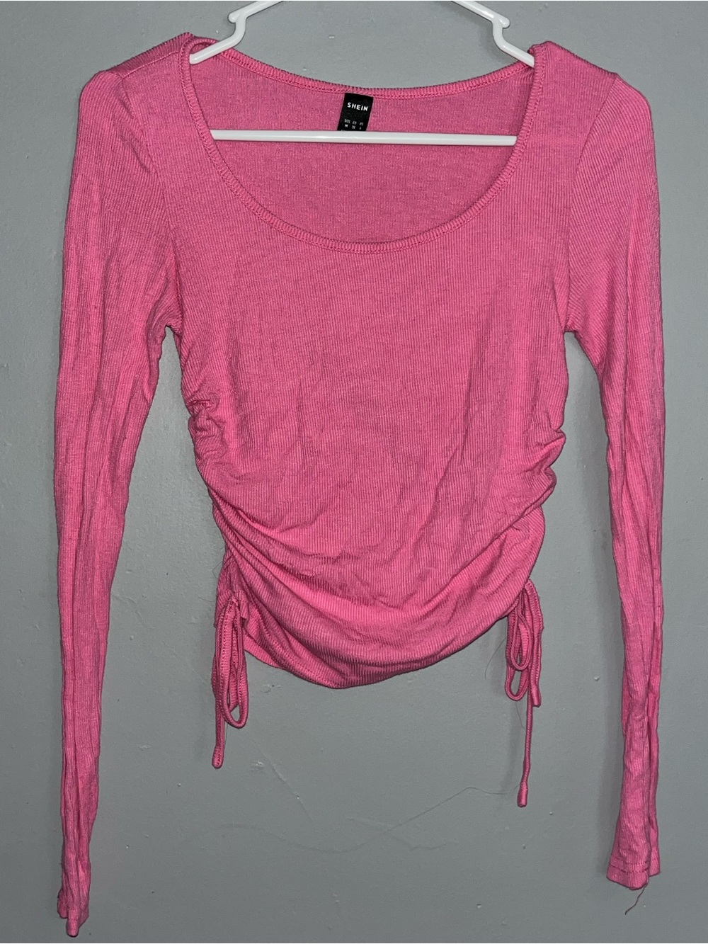 Shein Pink Ruched Long-Sleeve Scoop Neck Crop Top